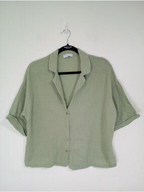 Kiwi Saint-Tropez Gauze top Green Cotton Button-Up Short Sleeve Womens Blouse L